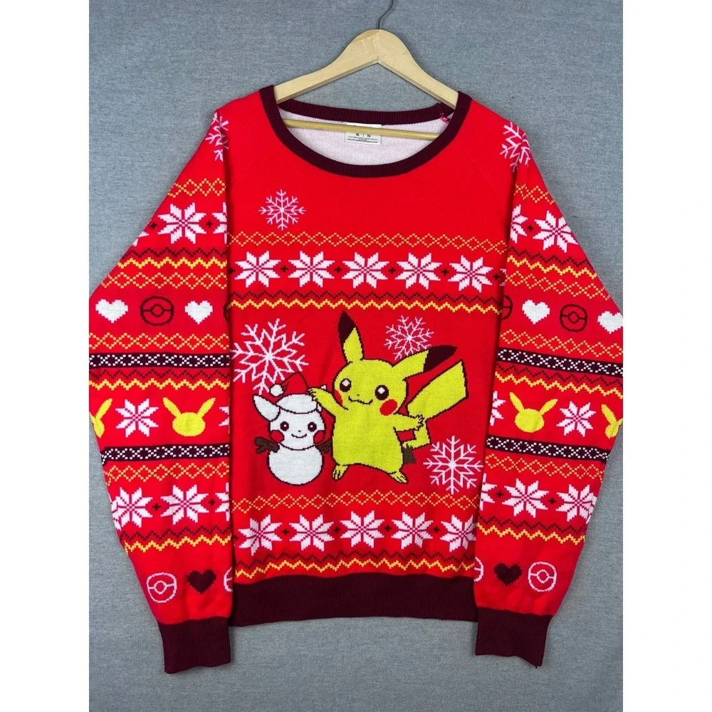 Pokemon Center Pikachu Snowman Ugly Christmas Sweater Mens XL‎ Red Knit Holiday